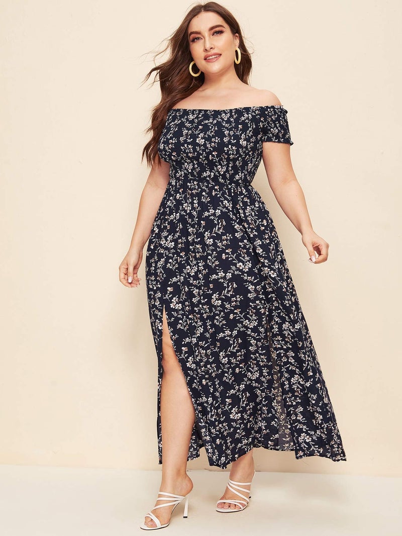 Floerns Women's Boho Floral Print Off Shoulder Split Long A Line Dress Navy Plus 2XL - Image 5